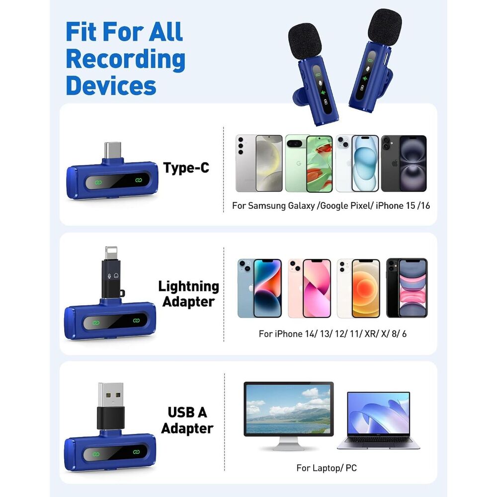 Wireless USB-C Mini Lavalier Microphone Clip-On Mic Denoise Blue